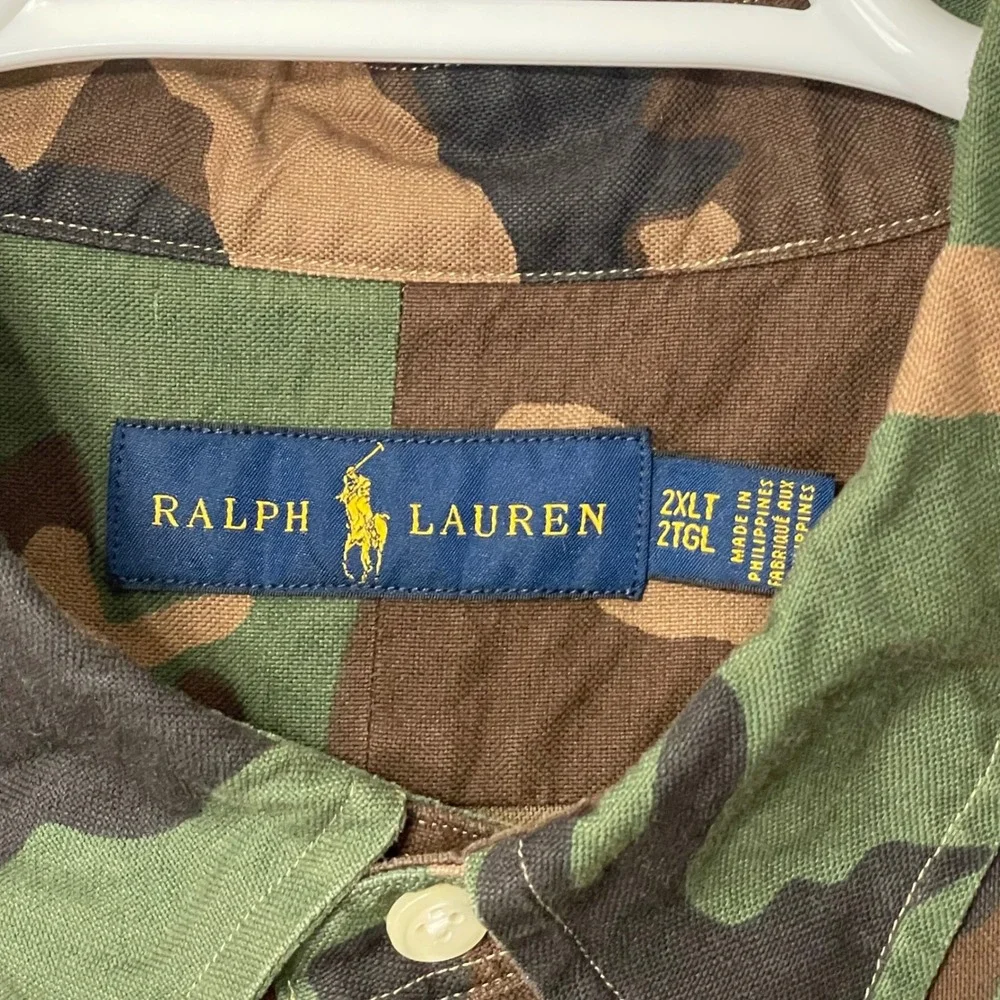 Ralph Lauren Camo Button Down Shirt Mens 2XLT Tall Green Brown Camouflage Cotton